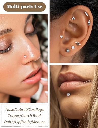 YADOCA Threadless Flat Back Earrings Hypoallergenic Nose Studs Rings for Women 14K Gold Plated 316L Surgical Steel Lip Labret Conch Medusa Cartilage Tragus Nose Piercing Jewelry 20G 18G 16G - color: Silver, size: 18G(1.0MM)