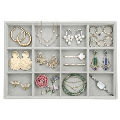Stratalife 12 Grid Velvet Jewelry Organizer Tray, 13.8" x 9.4" x 1.2" | Stackable Drawer Earring Organizer with Adjustable Dividers, Jewelry Display Tray for Necklace Earring Ring Bracelet, Gray - color: Grey, size: 12