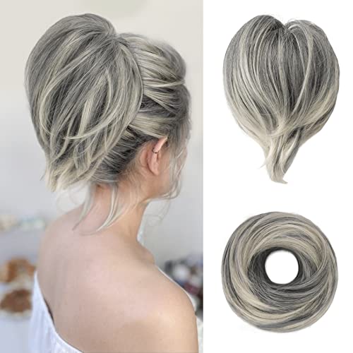 BARSDAR Straight Hair Bun Extensions - Short Straight Ponytail Gray Hair Bun Extensions for Women, Elastic Synthetic Messy Hair Bun Scrunchies Hairpieces Daily - Dark Grey with White Tips - color: Dark Gray with White Tips, size: 1 Count - Elastic