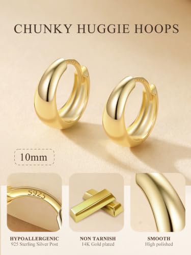 Bestyle Gold Huggies Earrings for Women Hypoallergenic 925 Sterling Silver Post Huggie Hoop Earrings Thick Lightweight Small Hoop Earrings 8/10/12/14mm - color: Gold, size: 10mm