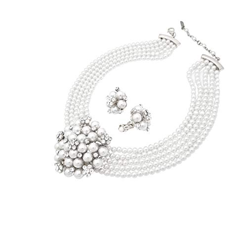 Fashion 21 5 Rows Rhinestone Accented Simulated Floral Pearl Cluster Necklace, Clip on Earring 2 Set - color: White