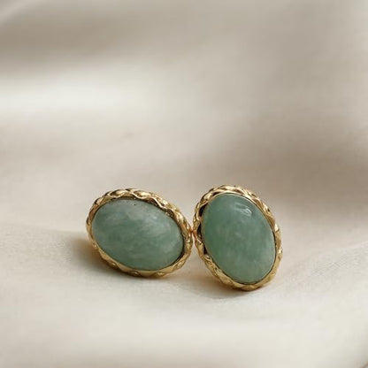 Gempires Bold Oval Gemstone Stud Earrings for Women – Natural Healing Stone Jewelry 14K Gold-Plated Hypoallergenic Tarnish-Resistant – Bold Statement Studs Gift for Her - style: Amazonite