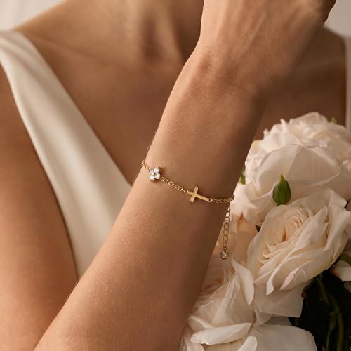 Bracelets for Women, Dainty Gold Silver Ring Bracelet Hand Chain | Cubic Zirconia Pearl Charms, 14K Gold Plated, Adjustable Fit, Trendy Stackable Link Chain, Waterproof Jewelry, Gift for Her - color: Gold-cross+clover charm bracelet
