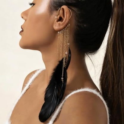 Feather Earrings for Women Ear Cuffs Long Tassel Boho Clip Earrings Red White Non Piercing Earring Statement Jewelry Birthday Prom Jewelry Gifts - color: A2:black tassel feather ear clips