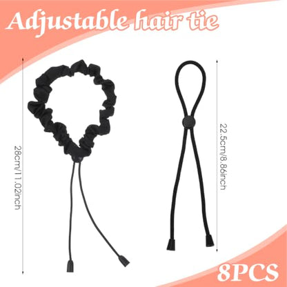 8Pcs Adjustable Length Satin Hair Ties Black Elastic Satin Hair Ties | Scrunchies, Anti-Slip Ponytail Band, Large Curly Ponytail Holder, for Women, Girls, Thick Curly Tress, Afro Puffs