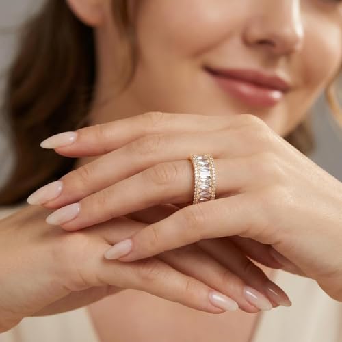 MDFUN 18K Gold Plated Eternity Rings for Women Cubic Zirconia Wedding Promise Engagement Band - color: Gold Plated