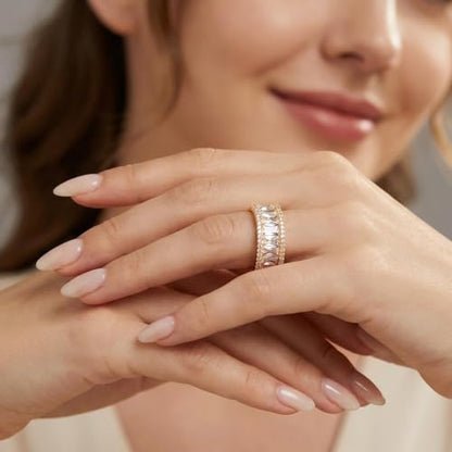 MDFUN 18K Gold Plated Eternity Rings for Women Cubic Zirconia Wedding Promise Engagement Band - color: Gold Plated