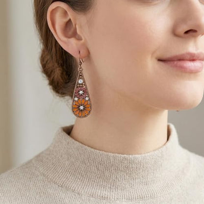 Bohemian Crystal Teardrop Dangle Earrings, Copper, Tribal Geometric Design, Handmade National Style for Women - color: Burnt Orange