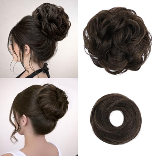 2PCS Messy Bun Hair Pieces Synthetic Hairpieces For Women Chestnut Brown | Messy Bun and Donut Bun in one set for natural-looking volume and elegant updos for every occasion. - color: Chestnut Brown