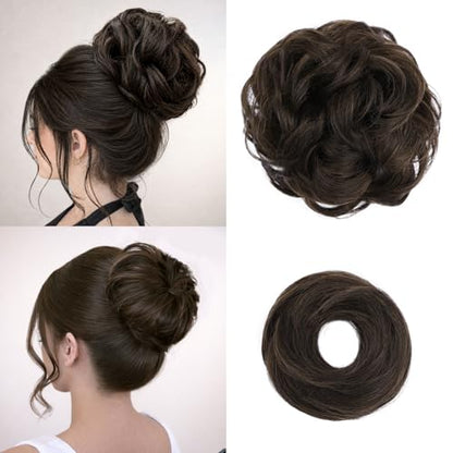 2PCS Messy Bun Hair Pieces Synthetic Hairpieces For Women Chestnut Brown | Messy Bun and Donut Bun in one set for natural-looking volume and elegant updos for every occasion. - color: Chestnut Brown