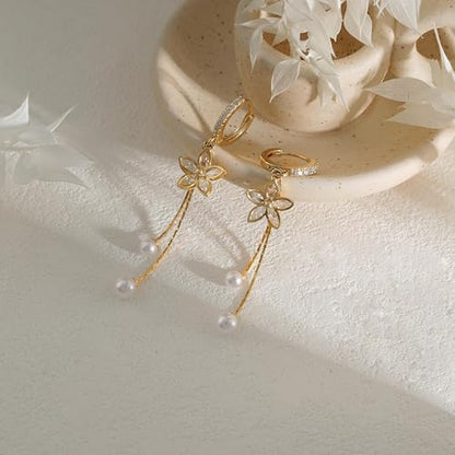 14K Gold Plated CZ Flower Dangle Earrings for Women, Sparkly Cubic Zirconia Long Tassel Drop Earrings, Bridal Wedding Jewelry - color: B:Flower Pearl Earrings