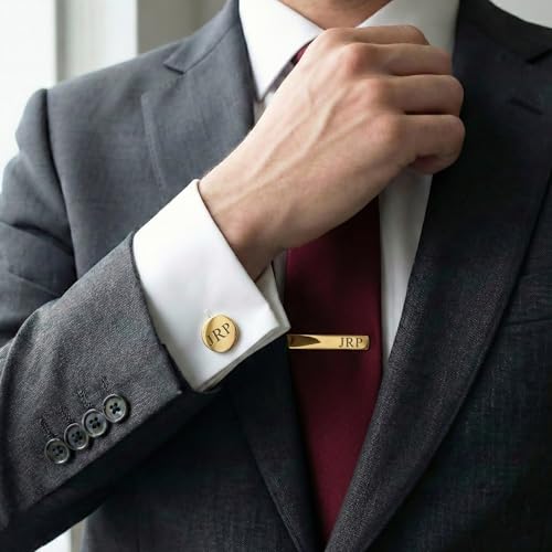 Personalized Gold Cufflink & Tie Clip Set for Men – Elevate His Style | Engraved Stainless Steel Metal Cuff Links – Custom Monogram or Handwriting Gift | Customized Groomsmen Proposal Gifts