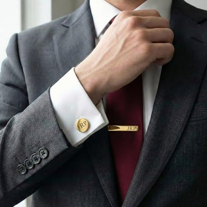 Personalized Gold Cufflink & Tie Clip Set for Men – Elevate His Style | Engraved Stainless Steel Metal Cuff Links – Custom Monogram or Handwriting Gift | Customized Groomsmen Proposal Gifts