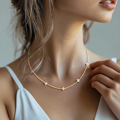 Yowivon Layered Gold Necklaces for Women, Dainty 14K Gold Plated Pendant Necklace, Non Tarnish Cubic Zirconia Stack Choker Necklace, Adjustable Hypoallergenic Trendy Jewelry Gift for Her - style: Gold-Four-Leaf Flowers