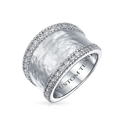 Bling Jewelry Personalized Modern Style CZ Accent Band Fashion Statement Brushed Hammered Matte Finish Wide Band Ring For Women Yellow 14K Gold Plated Brass Customizable - color: Silver-Tone