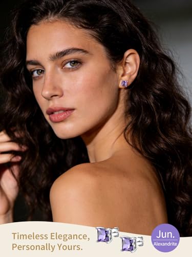 FindChic 2 Carat Birthstone Stud Earrings for Women, Round/Heart/Princess Cut Stud Earrings, Hypoallergenic Studs with 925 Sterling Silver Posts, 12 Months Birthday Jewelry Gift - color: 06. June-Alexandrite(Princess Cut)
