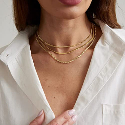 Herringbone Choker Necklace Set Double Layer Snake Chain Herringbone Chain Necklace Layering Necklace Set Cuban Chain Necklace for Women - style: 3 layered Snake/Cuba/Rope -GD