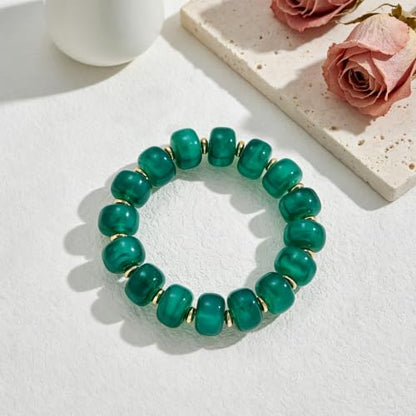 Chunky Beaded Bracelet for Women-Boho Bold Acrylic Resin Stretch Bracelets Trendy Summer Beach Elastic Bangle Vacation Jewelry Accessories - color: Style 1-Dark Green