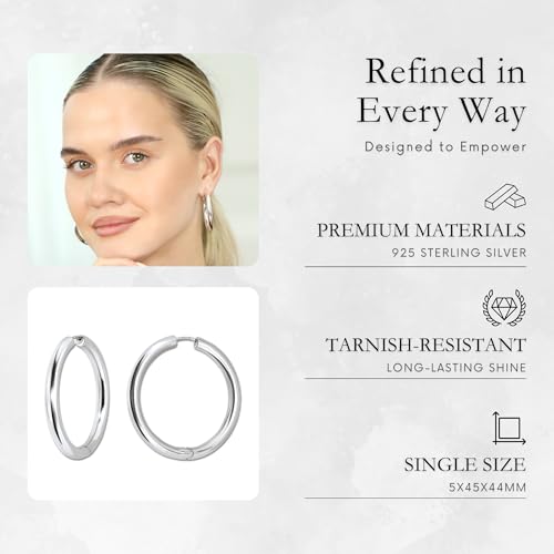 18K Gold Plated Sterling Silver Earrings for Women – Pure & Polished, Twist, Square, Hinged Tube, Abstract & Heart Shape Hoops – Lightweight, Hypoallergenic, Non-Tarnish Jewelry (Sizes: 3x35mm-46x30mm) - color: Silver, size: Hinged Tube (5x45mm)