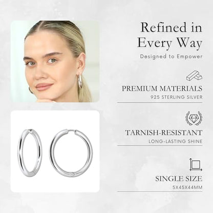 18K Gold Plated Sterling Silver Earrings for Women – Pure & Polished, Twist, Square, Hinged Tube, Abstract & Heart Shape Hoops – Lightweight, Hypoallergenic, Non-Tarnish Jewelry (Sizes: 3x35mm-46x30mm) - color: Silver, size: Hinged Tube (5x45mm)