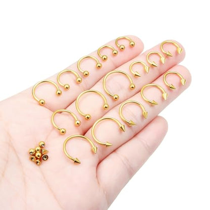 Hoeudjo 16G Horseshoe Septum Rings with Ball Grabber Tool Hypoallergenic Surgical Steel Septum Piercing Jewelry Lip Rings Smiley Piercing Jewelry for Women Men Diameter 6mm 8mm 10mm 12mm - color: goldtone