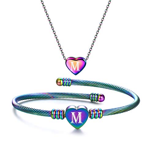 MYNENEY Necklace and Bracelet for Women Stainless Steel Initial Jewelry Set - color: Rainbow-M