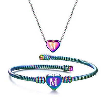 MYNENEY Necklace and Bracelet for Women Stainless Steel Initial Jewelry Set - color: Rainbow-M