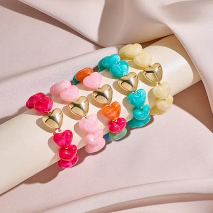 Multicolor Chunky Beaded Bracelet for Women Bold Acrylic Resin Stretch Bracelet Summer Beach Statement Bracelets Trendy Elastic Bangle Jewelry - color: Heart bracelet-pink