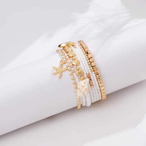 LALAPPLE Shell Bracelet Boho Beaded Stretch Bracelets for Women Seashell Strand Bracelets Starfish Charm Jewelry Summer Beach Jewelry Stackable Crystal Gold Plated Beads Bracelet for Women - style: Style3