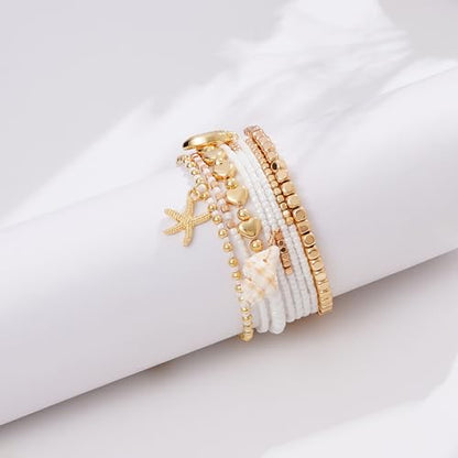LALAPPLE Shell Bracelet Boho Beaded Stretch Bracelets for Women Seashell Strand Bracelets Starfish Charm Jewelry Summer Beach Jewelry Stackable Crystal Gold Plated Beads Bracelet for Women - style: Style3