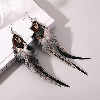 Bohemian Long Feather Earrings for Women Handmade Natural Dangle Tassel Jewelry - color: Style H