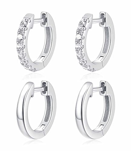 14K Gold Plated Hoop Earrings for Women with 925 Sterling Silver Post, Lightweight Small Hoop Earrings 15mm/20mm Huggie Hoop Earrings - color: CZ 2 Pcs - 925 Sterling Silver, size: 15MM