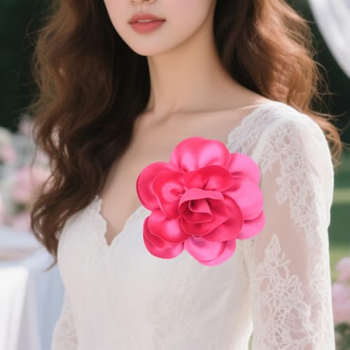 Large Rose Flower Brooches Chiffon Camellia Brooch Lapel Pins Hair Clips Hat Pins for Women Wedding Banquet Accessories Large Satin Flowers 5.5in - color: Pink 1