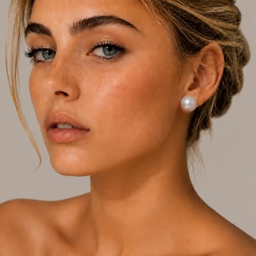 Pearl Earrings Hypoallergenic, Handpicked 18K Gold Plated Sterling Silver | Freshwater Cultured Pearl Stud Earrings Flat Back for Sensitive Ears, 8-14mm, Nickel Free, Non Tarnish Gift Pouch - size: 12mm