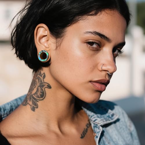 2 Pairs Abalone Pearl Shell Stainless Steel Ear Gauges Plugs and Tunnels, Size 2g - 1 inch Hypoallergenic Surgical Steel Ear Stretcher Expander Body Jewelry - color: BO1651 Gold, size: 14 mm (9/16 inch)