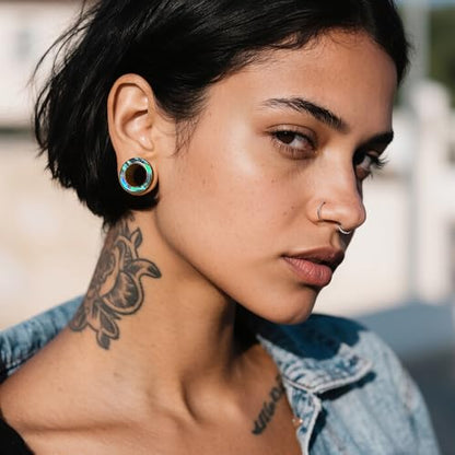 2 Pairs Abalone Pearl Shell Stainless Steel Ear Gauges Plugs and Tunnels, Size 2g - 1 inch Hypoallergenic Surgical Steel Ear Stretcher Expander Body Jewelry - color: BO1651 Gold, size: 14 mm (9/16 inch)