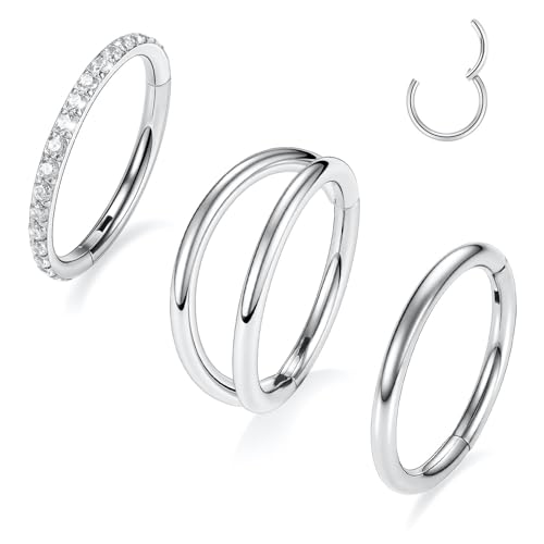 PEAKLINK 3pcs Double Nose Rings Double Nose Hoops 316L Surgical Steel Cartilage Earrings 20G/18G/16G Septum Rings Conch Piercing Helix Lip Rook Daith Tragus Pierxing Jewelry 6mm to 12mm - color: Silver