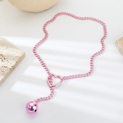Slip Chain Choker for Women Handmade Black Stainless Steel Cuban Chain Chunky Moon Bat Raven Skull Pendant Gothic Punk Rock Collar Adjustable Lariat Y Necklace for Men - style: Pink bell