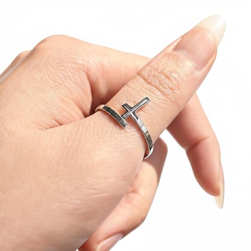 Cross Rings For Women, Faith Christian Blessed Hope Love Encouragement Pray Ring Adjustable Open Wrap Thumb Cross Inspirational Ring Dainty 14k gold Jewelry Easter Gift Non Tarnish - color: Silver 1
