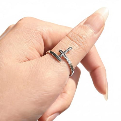 Cross Rings For Women, Faith Christian Blessed Hope Love Encouragement Pray Ring Adjustable Open Wrap Thumb Cross Inspirational Ring Dainty 14k gold Jewelry Easter Gift Non Tarnish - color: Silver 1