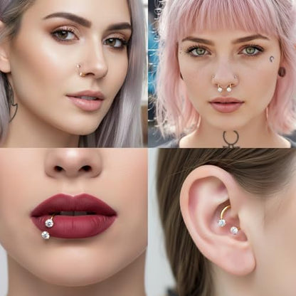 G23 Titanium Horseshoe Nose Ring 20G, 2 Pcs Double Gem Nose Ring for Women, 6mm 7mm 8mm Hypoallergenic Horseshoe Nose Rings Helix Tragus Earring Hoops Labret Lip Piercing Jewelry Small Septum Rings - color: 20G-6mm+8mm-2 Pcs Gold-White & Rainbow CZ