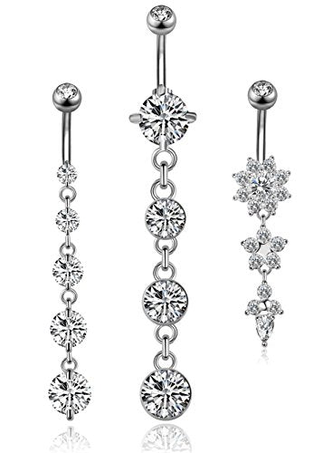 3-6PCS 14G 316L Stainless Steel Belly Button Rings for Women Navel Rings Barbell Dangle Flower CZ Body Piercing - color: A: 3 Pcs Silver-tone