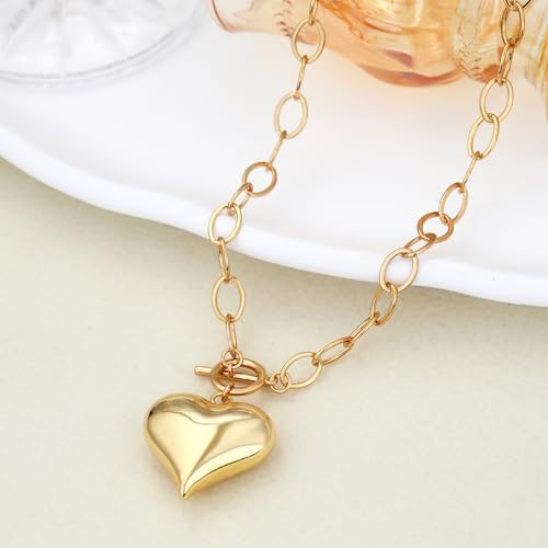 Chunky Gold Necklace for Women, 18K Waterproof Heart Necklace Statement Necklace Gold Charm Necklace Chunky Jewelry Paperclip Chain Choker Gift for Women - style: 25MM Heart
