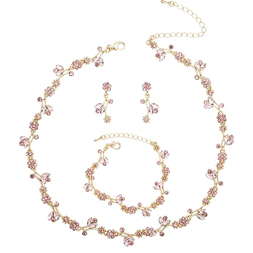Elegant Brides Austrian Crystal Flower Choker Necklace Drop Dangle Earring Bracelet Wedding Jewelry Set for Bridesmaid Prom Costume Jewelry Set for Women - color: Pink-Gold Plated