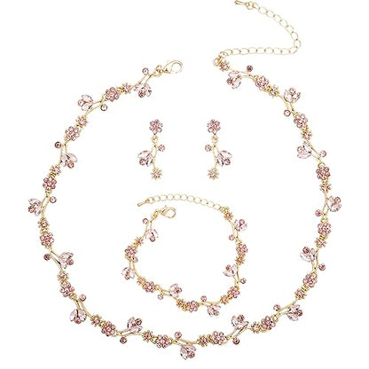 Elegant Brides Austrian Crystal Flower Choker Necklace Drop Dangle Earring Bracelet Wedding Jewelry Set for Bridesmaid Prom Costume Jewelry Set for Women - color: Pink-Gold Plated