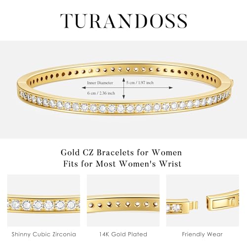 Turandoss Dainty Tennis Bangle Bracelets for Women Jewelry Gifts | 14K Gold Plated, Personalized Tennis Bracelets, Trendy Cubic Zirconia Bangle Bracelet, Jewelry Gifts for Mom Wife Sister - color: CZ Bangle - Shinny Tennis