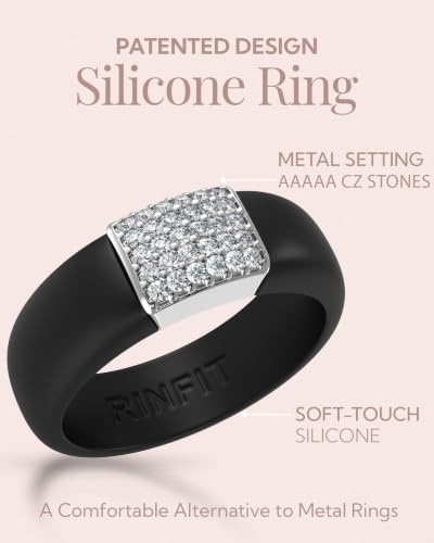 Rinfit Silicone Ring with Metal Plate & CZ for Women | AAAAA Grade Cubic Zirconia Stones, Flexible Rubber Wedding Band, Comfortable Fit, Engagement Ring for Her, Patented Design - color: Pack A: Black and Silver