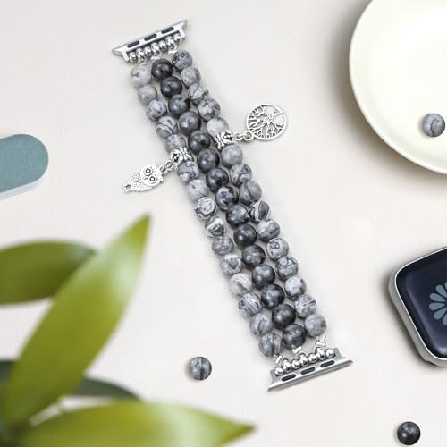 Newlibery Natural Stone Bracelet Beaded-Band Women Compatible with Apple Watch 42mm(S3/2/1) 44/45/46/49mm Feminine Handmade Stretch Strap for iWatch Series 11/10/9/8/7/6/5/4/3/2/1 SE 3/2/1 Ultra1/2/3 - color: A8 Grey Map, size: 46(s10/11)/49/45/44/42mm(s1