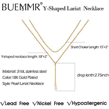 2 PCS Layered Long Gold Necklace Set for Women 18K Gold Plated Dainty Lariat Y Necklaces
