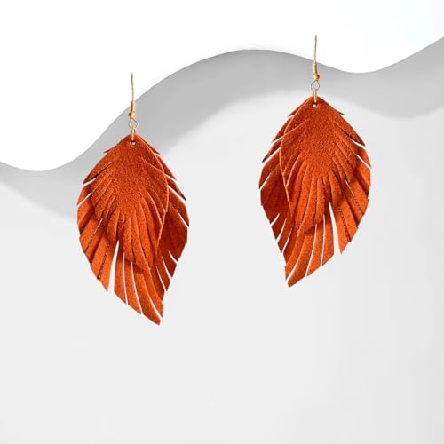 Handmade Bohemian Large Soft Genuine Leather Fringe Double Feather Dangle Drop Earrings Lightweight Simple Color PU Leaf Hook Earrings for Women - color: Orange